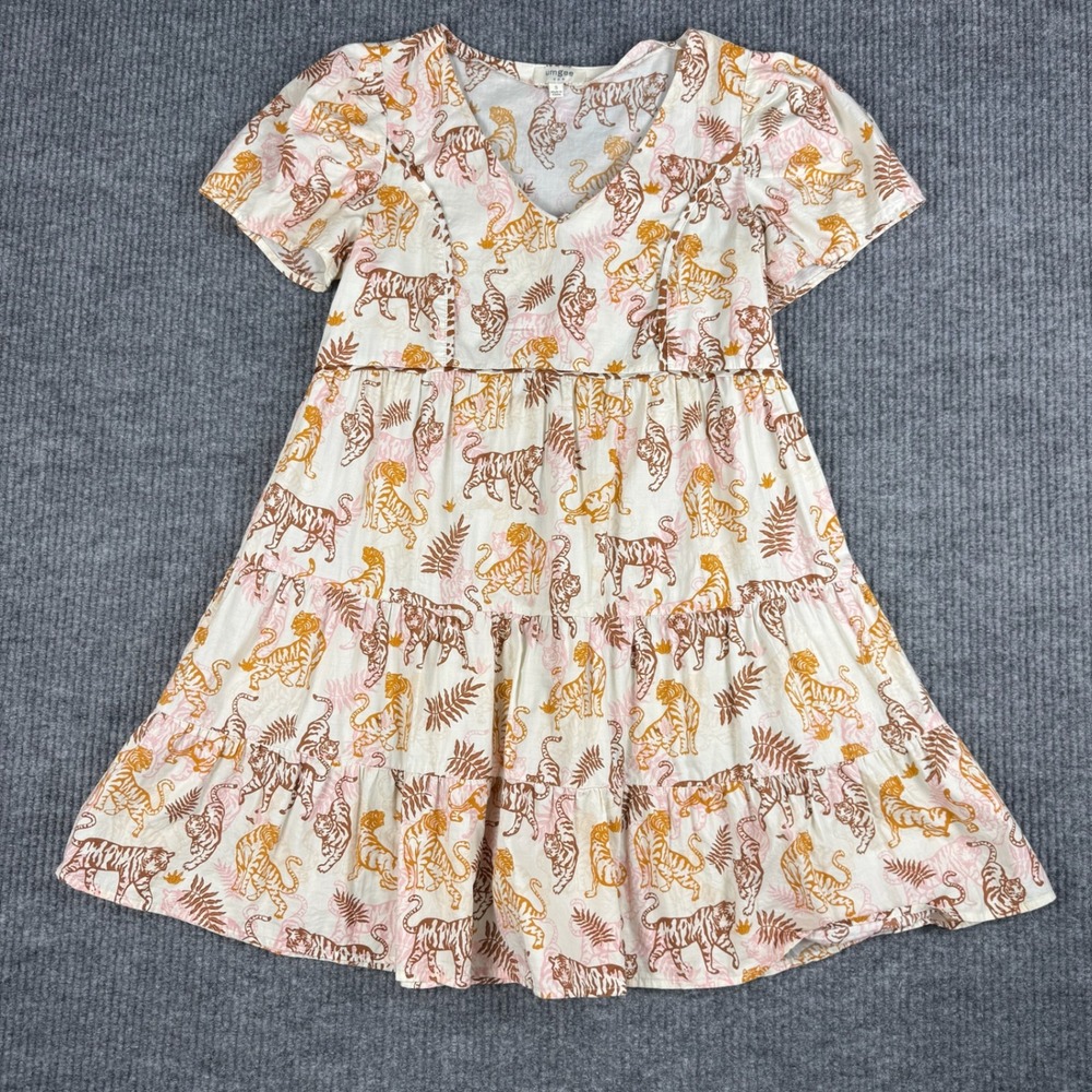 Umgee Mini Dress Womens S Tiger Novelty Print Cotton Tiered V-Neck Short Sleeve